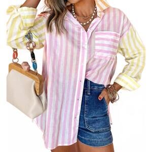 NEW FASHIONWORKS stripe collar patchwork long sleeve shirt in pink